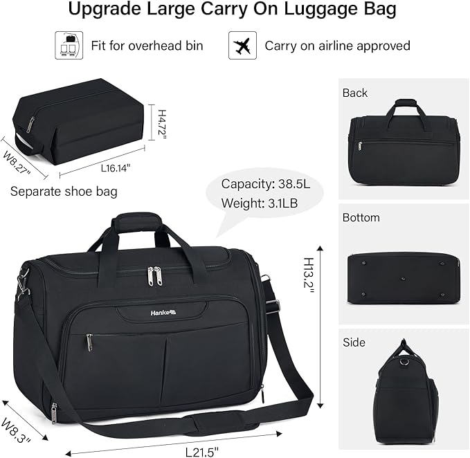 Hanke Carry On luggage Bags for Travel, Large Foldable Duffle Bag for Travel, Softside Lightweight Travel Bag Carry On Bags for Airplanes Women, Travel Tote Bags for Women Men.（Black）