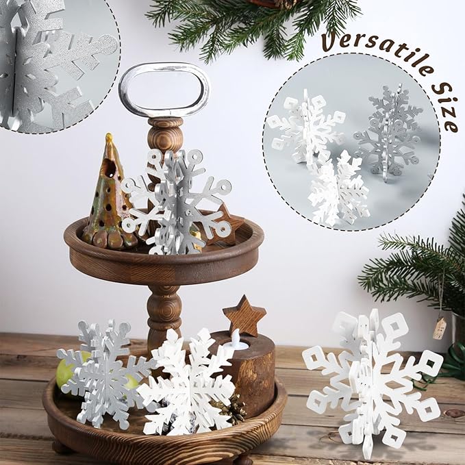 OuMuaMua 12 Set Winter Christmas Centerpiece Table Decorations - 24pcs Wooden Snowflakes Decor 3D Silver White Snowflake Tabletop Decor for Xmas Holiday Tiered Tray Winter Farmhouse Home Decor