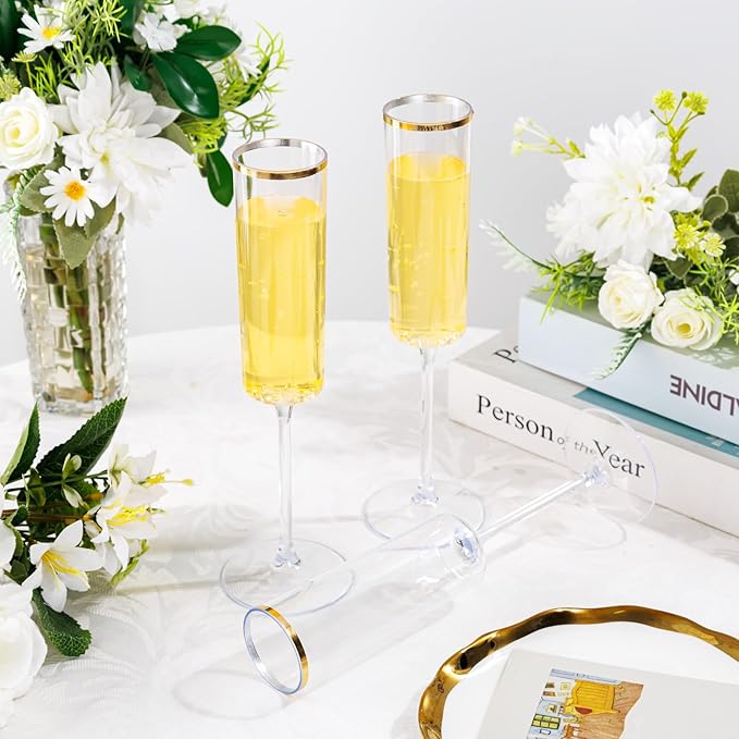 Ciaell 24 Pack Plastic Champagne Flutes - 6Oz Gold Rim Disposable Champagne Glasses - Square Clear Plastic Toasting Glasses for Party Birthday Anniversary Wedding