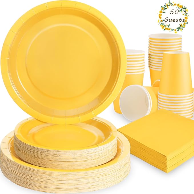200Pcs Yellow Birthday Decorations, Yellow Plates and Napkins Party Supplies Serves 50, Yellow Paper Plates for Bee Sun Sunshine Baby Shower Easter Mardi Gras Spring Summer Party Decorations