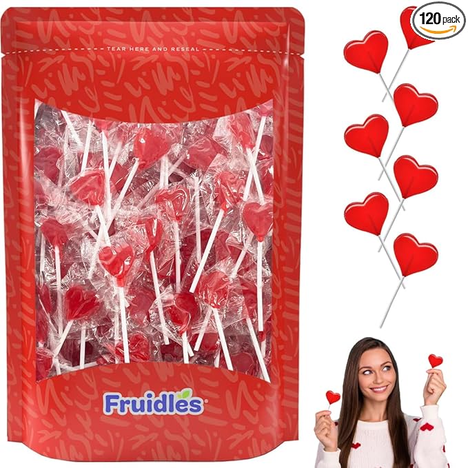 Fruidles 120 Lollipops Mini Red Heart Shaped Strawberry Flavored Individually Wrapped, 5g 120 Lollipops 2 Pounds