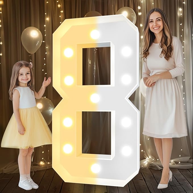 Pooqla 4 FT Light Up Marquee Numbers, Cool White and Warm White LED Large Lighted Marquee Numbers, Giant Mosaic Light Up Numbers for Balloons 8th 18th 80th Birthday Party Decoration, LED Number 8