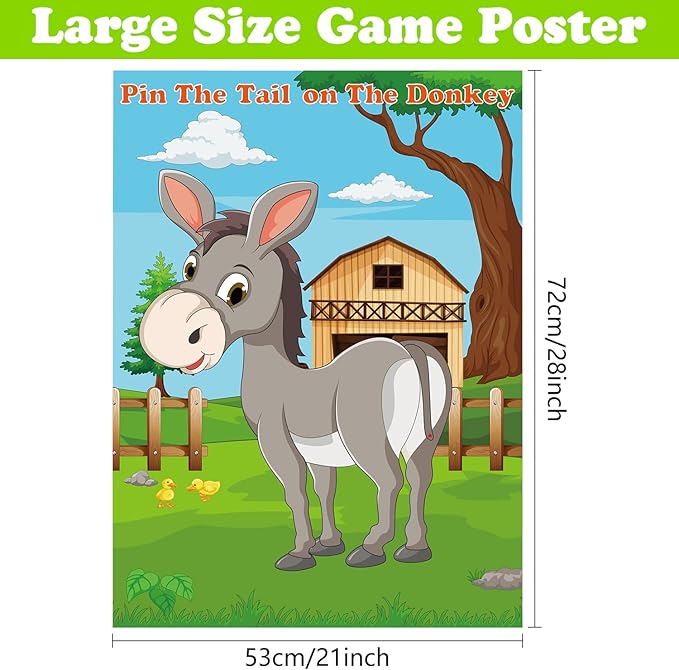 PLULON Pin The Tail on The Donkey Party Game for Kids, Donkey Themed Animal Birthday Party Games Donkey Poster with Tail Stickers for Kids Farm Animal Donkey Party Favors Home Wall Decorations