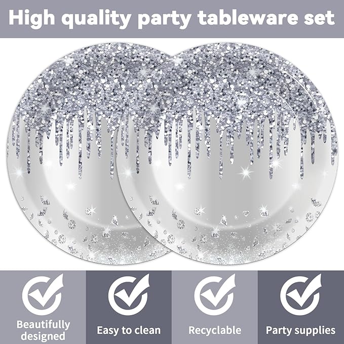 50 Pcs Silver Glitter Disposable Party Plates and Napkins Glitter Diamonds Happy Birthday Party Supplies for 25 Guests Table Decorations for Wedding Silver Birthday Decorations Paper Plates Napkins