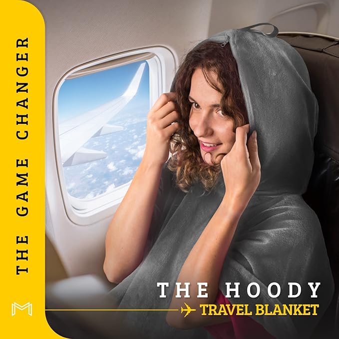 Travel Blanket Airplane Compact with Hoodie – 2in1 Airplane Travel Accessories from Plane Blanket to Travel Pillow with Luggage Strap, Soft Handle & Secure Pocket