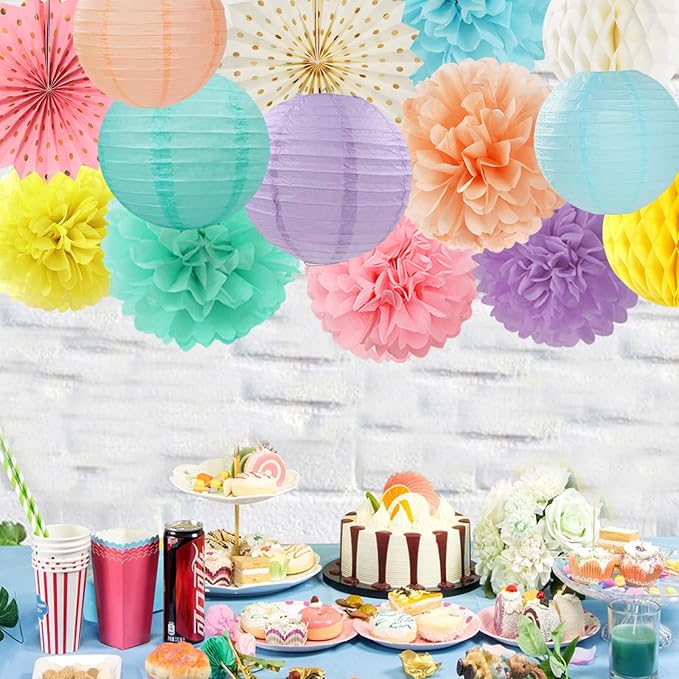 Pastel Rainbow Party Decorations Streamers - 14pcs Boy Girl Kids Birthday Supplies,Pink Yellow Blue Paper Lanterns Fan,Tissue Pom Poms,Honeycomb Balls, Baby Shower Wedding Decor Lasting Surprise