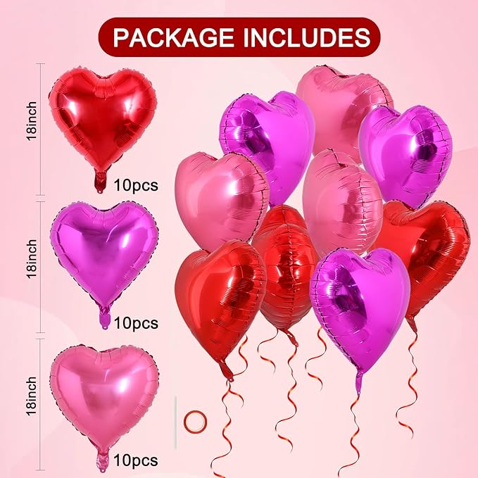 TONIFUL 30Pcs 18 Inch Rose Red Heart Balloons Valentine’s Day Heart Shape Foil Mylar Balloons Decoration for Romantic Valentine's Day Wedding Bridal Shower Anniversary Engagement Party Supplies