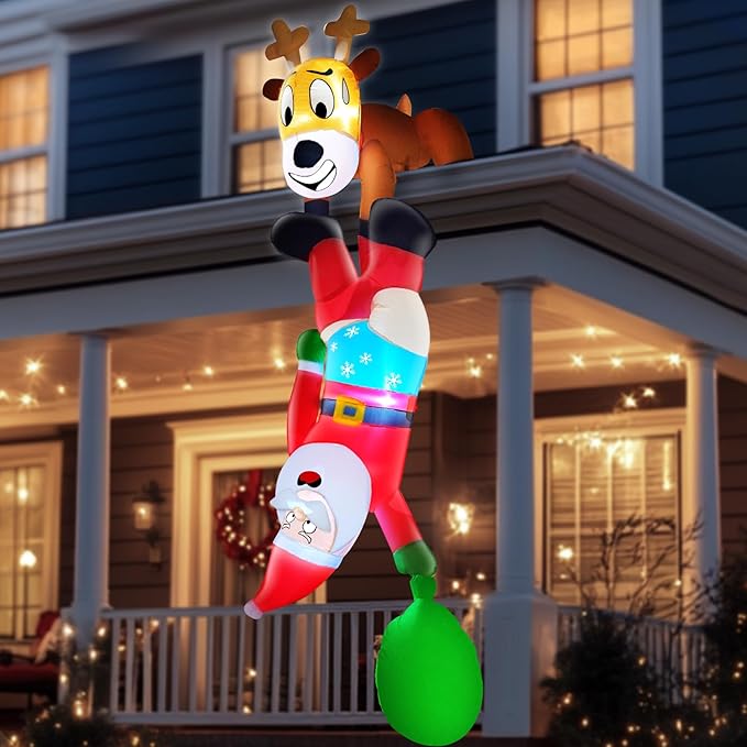 TURNMEON 8 Ft Christmas Inflatable Reindeer & Climbing Santa Claus, Funny Hanging Outdoor Decoration with Built-in LED Light for Yard & Indoor Garden Lawn Party