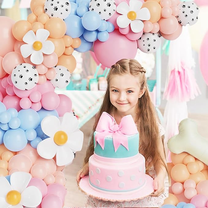 190Pcs Blue Balloon Garland Arch Kit,Dog Paw Birthday Party Decorations,Pastel Pink Blue Daisy Sunflower Balloons with Bone Foil Balloons for Boys Girls Baby Shower Blue Puppy Party Decorations