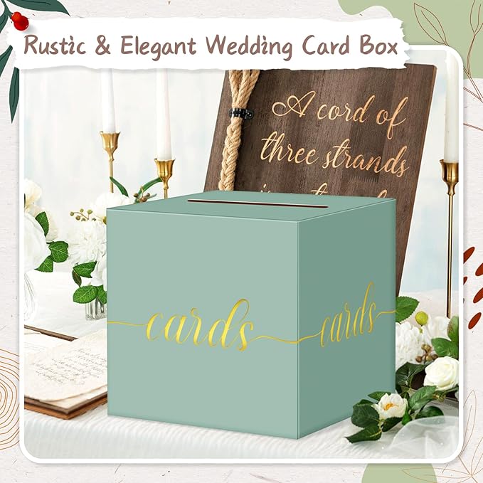 QIKSION Sage Green Wedding Card Box, Gold Foil Gift Card Box for Party, Wedding Reception, Birthday, Baby Shower, Raffle, Graduation