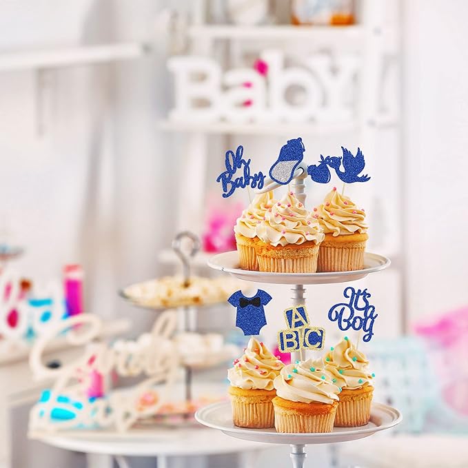 24Pcs Baby Shower Oh Baby Cupcake Toppers with Bow Onesie Bottle Boy Deep Blue Glitter Cake Picks Decorations for Baby Shower Gender Reveal It's a Boy Birthday Party Supplies
