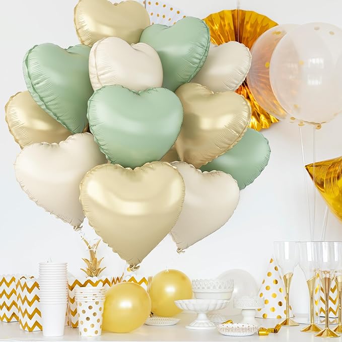 Sage Green Gold Heart Balloons,12Pcs Light Gold Heart Shaped Foil Balloons,18Inch Cream White Helium Balloon for Baby Shower Birthday Anniversary Wedding Party Decorations
