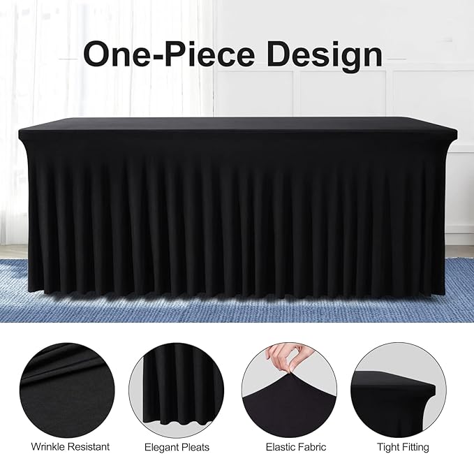 Table Skirt for 4 Foot Tables - One-Piece Black Tablecloths and Skirt, Wrinkle Resistant Ruffles Elastic Cover for Banquets, Weddings, Events, Parties