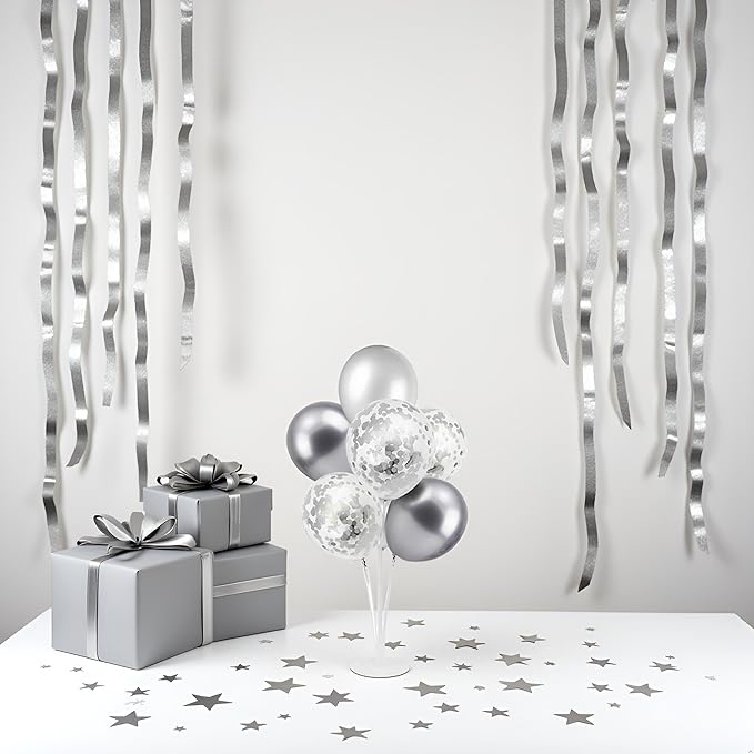 Silver Balloon Stand Centerpiece Table Decorations for 25th Wedding Anniversary Birthday Bridal Shower Father's Day Mother's Day Platinum Party Decorations(Silver gray set4)
