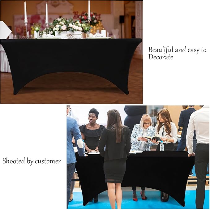 Table Covers for 8 Foot Tables, 6 Pack Black Washable and Wrinkle Resistant Stretch Tablecloths Rectangle 8ft for Events, Wedding, Banquets, Parties