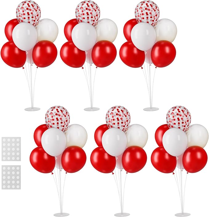 6 Sets Balloon Stand Kits, Balloon Sticks with Base for Table Centerpieces Graduation Birthday Baby Shower Gender Reveal Party Decorations(Red&White)