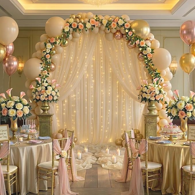 GALLETY 10 FT x 8 FT Champagne Backdrop Curtain - Tulle Backdrop Curtain with Lights String - Sheer Backdrop Curtains with 4 Inch Rod Pockets for Birthday Weddings Baby Shower Theme Party Decorations