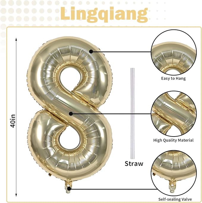 Champagne Gold 8 Balloons, 40" Giant Helium Foil Number 0-9 Light Gold Birthday Balloon for Boys Girls, Self Inflating Digit 8 Balloons for Women Men Anniversary Graduation Party Decorations Supplies