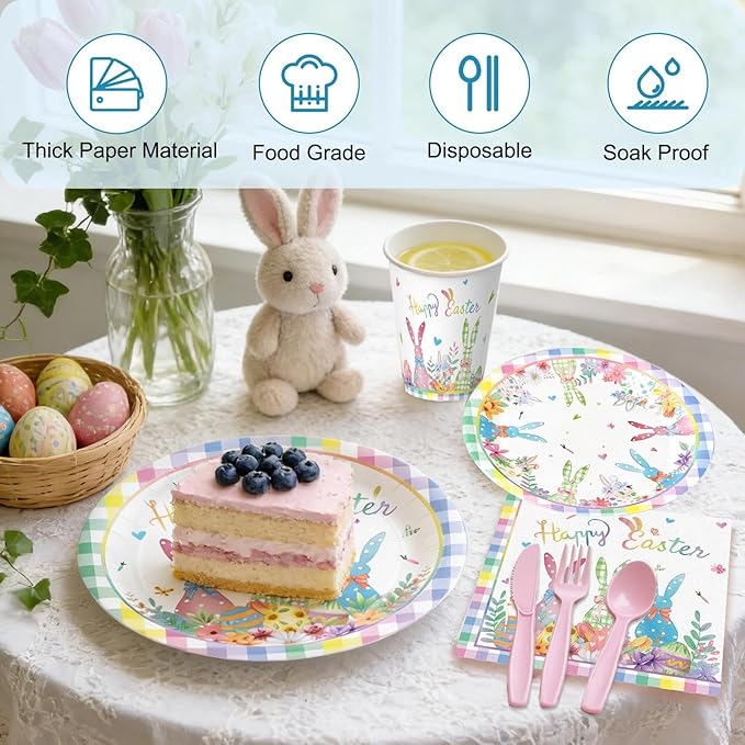 Easter Day Party Disposable Set for 24 Guests - Complete 9'' & 7'' Paper Plates, Napkins, Cups, Knives, Forks & Spoons | Perfect for Easter Brunch, Spring Gatherings, Holiday,Birthday