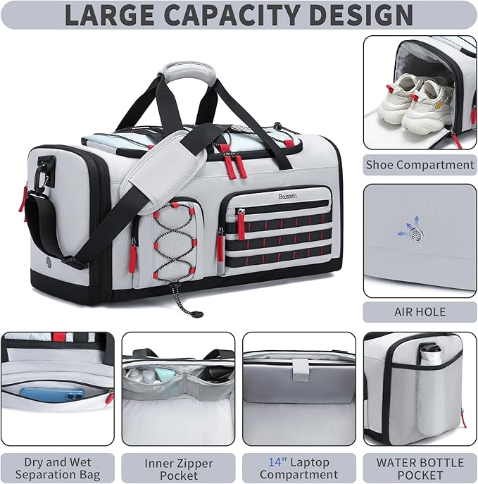 Bosstin Gym Bag for Men & Women, 45L Travel Duffle Sports Duffel Bag Gym Weekender Overnight Backpack with Shoe Compartment (Grey)