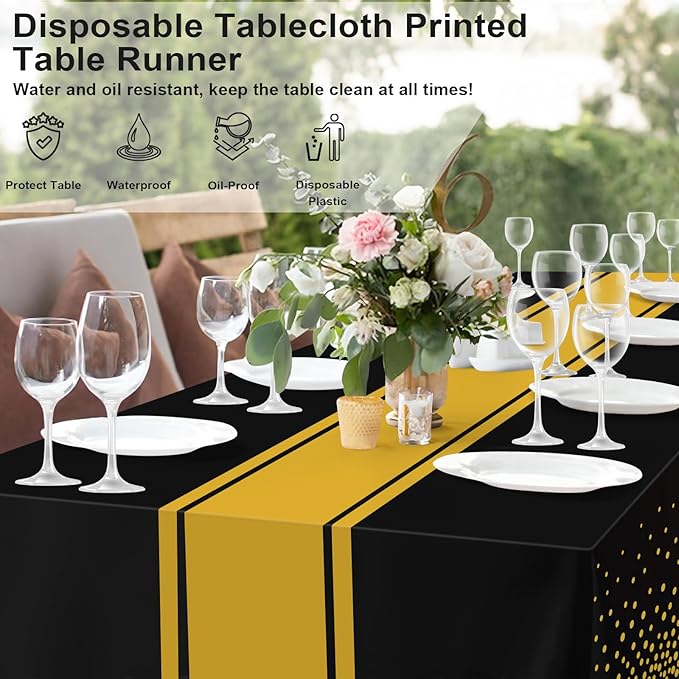4 Pack Black and Gold Tablecloth Party Decorations Plastic Black Tablecloth Printed Gold Table Runner 54 x108 Inch Disposable Rectangle Table Cover for Birthday Wedding Graduation Anniversary