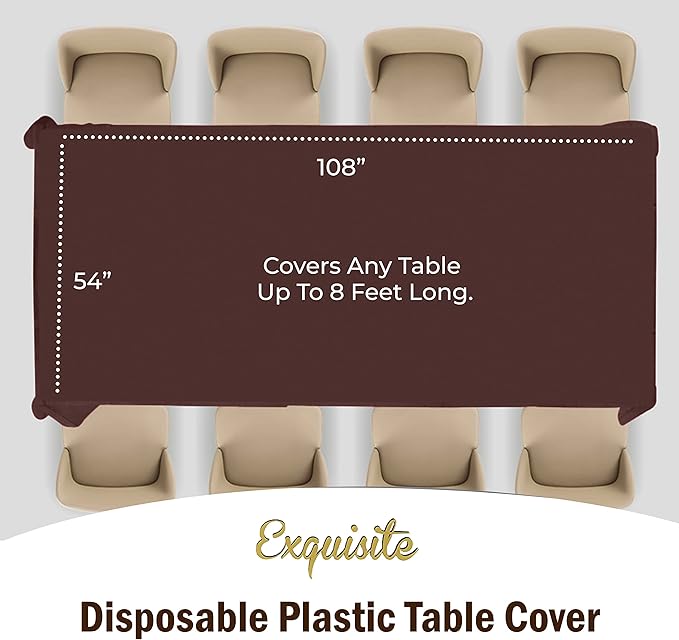 Exquisite 12-Pack Premium Plastic Tablecloth 54in. x 108in. Rectangle Table Cover - Brown