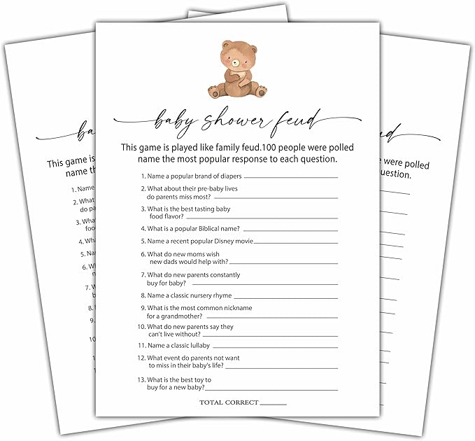 Baby Shower Feud Games Set - Minimalism Party Game Card, Boho Bear Themed Gender Neutral Ideas Activities, Party Supplies & Decorations -A02