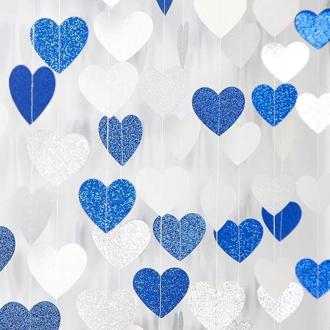 Navy-Blue White-Silver Birthday Party-Decorations Streamers - 52FT Graduation Hanging Heart Garland Banner,Baby Bridal Shower Wedding Engagement Bachelorette Backdrop Decor Hugtmr