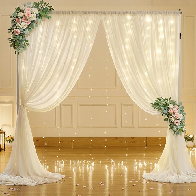 10ft x 7ft Ivory Chiffon Backdrop Curtain with Lights String for Parites Wedding Wrinkle Free Curtain Photo Backdrops Drapes for Baby Shower Birthday Party Home Decorations