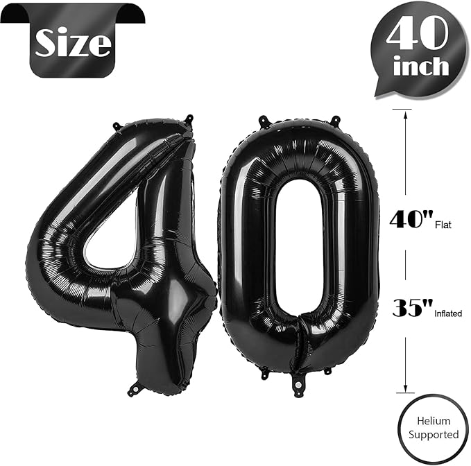 40 Balloon Number, Black Number 40th Birthday Balloons 40 Inch, 40 Years Old Black Birthday Decorations for Men Women, 40th Anniversary Decorations