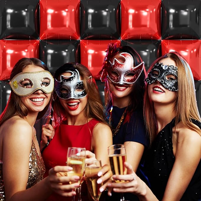 NISOCY 25PCS Red Black Square Foil Balloons Wall Backdrop Double Sided Red Black Balloons Arch Kit for Birthday Valentine's Day Halloween Graduation Wedding Anniversary Party Decorations