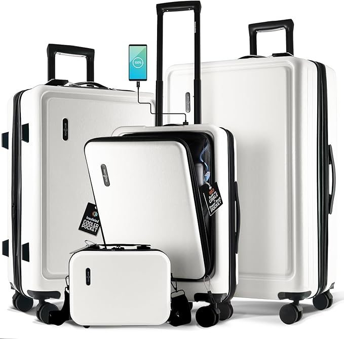 TRAVELARIM Hard Shell Luggage Sets with Spinner Wheels 4 Piece, Expandable Large Suitcases with TSA Lock, Travel Large Suitcase Set, White Luggage Set