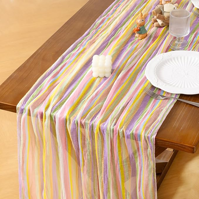 Socomi 3pcs Easter Stripe Cheesecloth Table Runner Gauze 120 Inch Rustic Boho Cheese Cloth Runner for Wedding Party Baby Bridal Shower Centerpiece Decoration Holiday Home Decorations