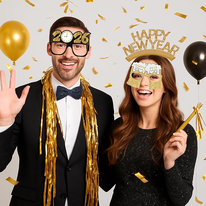 New Years Eve Party Supplies 2026 – 63 PCS Celebration Kit with Headbands, Crown Hats, Glasses, Noise Makers, Photo Booth Props & Wristbands – Gold Silver Happy New Year Decorations