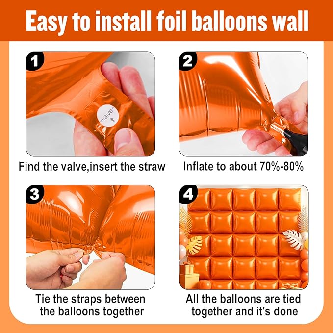 50Pcs Orange Square Foil Balloons Wall Backdrop, Double Sided Metallic Foil Balloons Tunnel Arch Garland Kit for Photo Booth Birthday Wedding Halloween Christmas Party Decorations