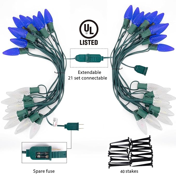 Christmas Pathway Lights Outdoor, 2 Pack 26 Ft 20 LED C9 Strawberry String Lights with Stakes, Connectable Waterproof Outside Christmas Lights Marker for Path, Lane, Patio Decor, Blue & Pure White