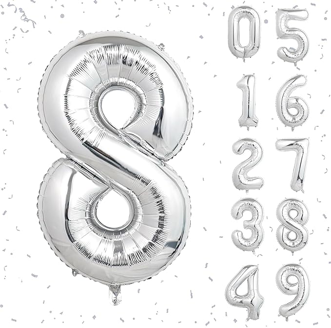 32 In Silver Large Numbers Balloons 0-9, Self Inflating Number 8 Balloons for Boys Girls, Big Silver Digit 8 Balloons for Women Men Birthday Party Anniversary Wedding Supplies Decorations