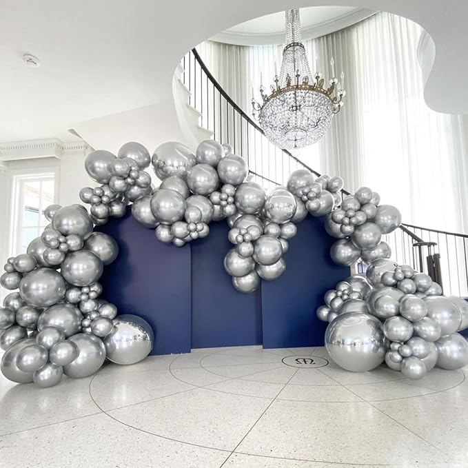 90pack Metallic Silver Balloons Different Size 18/12/10/5 Inch Chrome Silver Balloon Garland Arch Kit for Graduation, Wedding, Birthday, New Year, Baby Shower Decorations