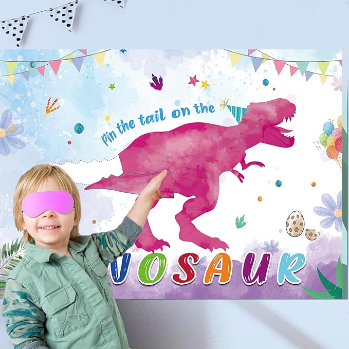 T-Antrix Pin The Tail on The Dinosaur Game -Dinosaur Party Games for Kids Girls with 21'' x 28'' Poster, Reusable Pink Tails Party Supplies for Kids Girls Birthday Party Favor Sets