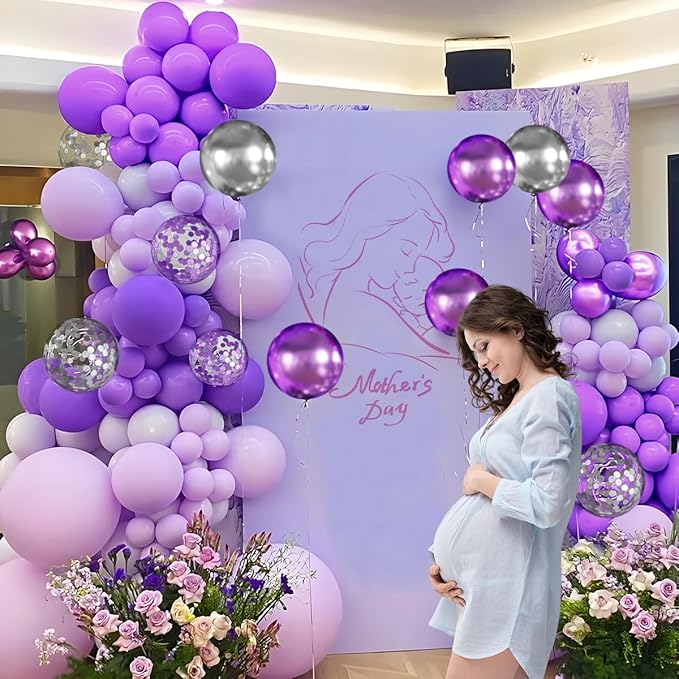 Purple Silver Balloon Arch Kit, 147PCS Pastel Purple Matte Lavender Violet Metallic Lilac Silver Confetti Balloons Garland for Baby Girl Princess Party Birthday