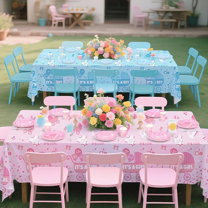 Baby Gender Reveal Decorations for 24 Guests - Boy or Girl Decorations Kit Including Disposable Plates, Napkins, Cups, Tablecloth & Banner for Baby Shower Party Decorations
