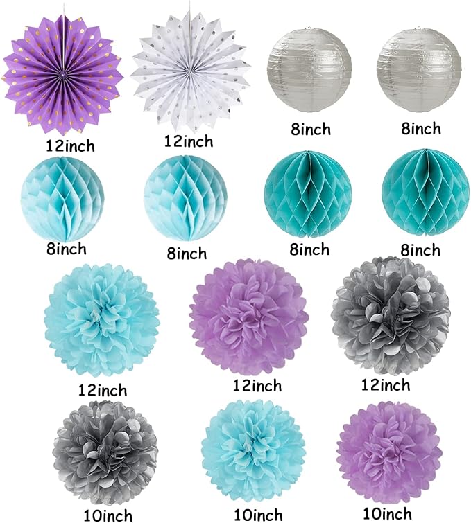 Purple-Blue Silver Frozen Christmas Party Decorations - 14pcs Winter Girl Birthday New Year Paper Lanterns Fan,Tissue Pom Poms Streamers,Honeycomb Balls,Mermaid Baby Shower Decor Lasting Surprise