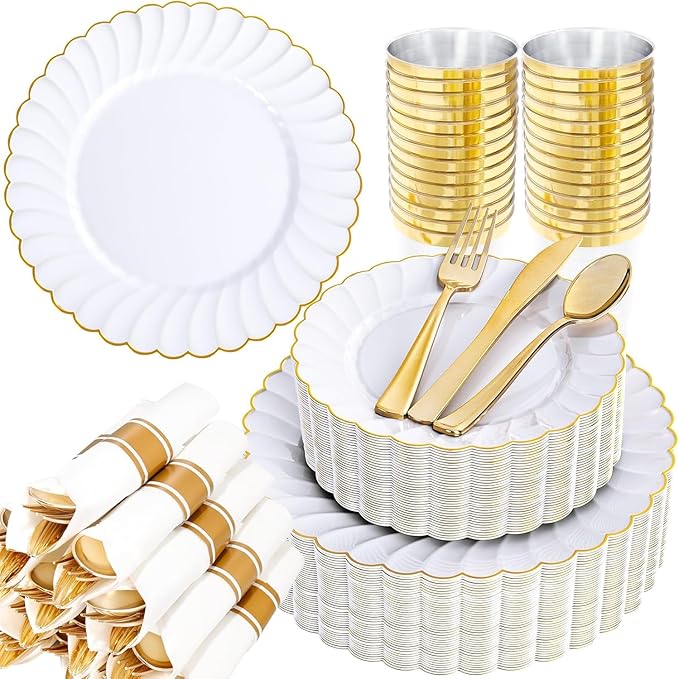 YOUBET 350PCS Gold Scalloped Plastic Plates - White and Gold Disposable Dinnerware Set Include 100 Plates, 150 Gold Silverware, 50 Cups, 50 Napkins for Wedding Party