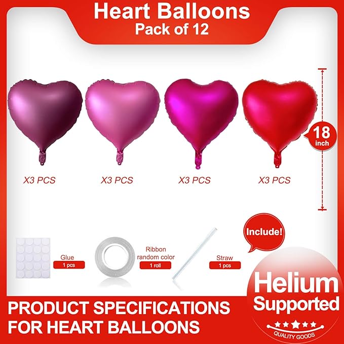 12 Pcs Red Heart Shaped Metallic Balloons 18 Inch Valentine Balloons for Valentines Day Bridal Shower Wedding Party Decorations (Red,Wine Red,Pink, Hot Pink)