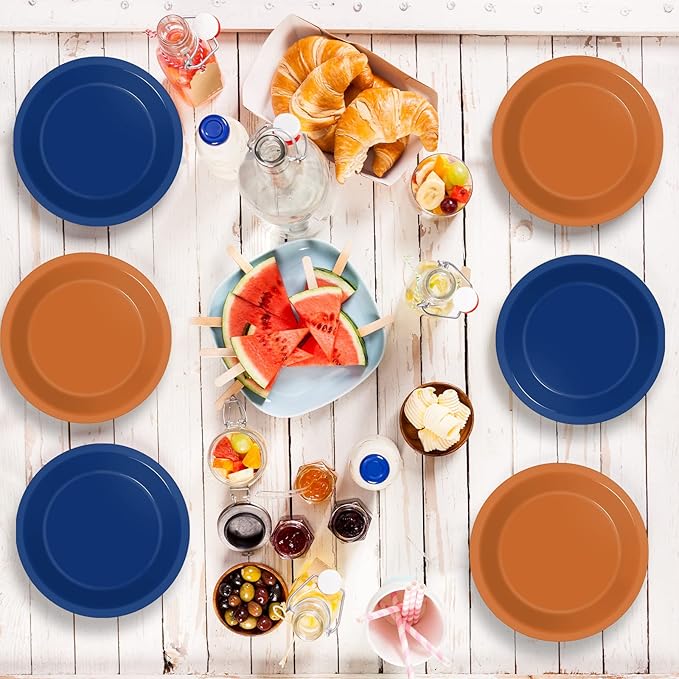 Wiooffen 48 Pcs Orange Blue Party Plates Birthday Party Disposable Paper Dessert Plates Supplies Decorations Dart War Theme Plates Tableware for Birthday Baby Shower