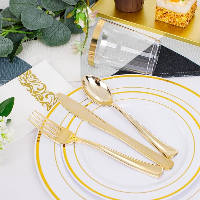 350 Pieces White and Gold Plastic Plates - 50 Guest Dinnerware Set Include 100 Plates, 50 Gold Plastic Silverware, 50 Paper Napkins and 50 Cups for Wedding Baby Shower Spring Birthday