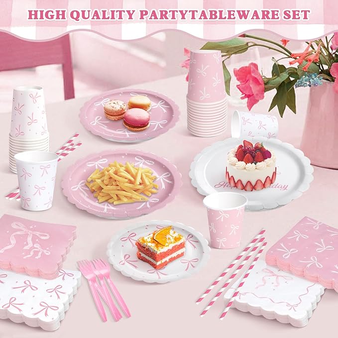 156 Pcs Pink Bow Party Plates and Napkins Cups Tableware Sets for Coquette Birthday Decorations, Pink Birthday Supplies Include Straws, Pink Party Decorations Which Can Serve 26