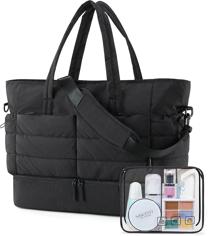 BAGSMART Large Travel Duffel Bag with Shoe Compartment, Puffer Carry-On Gym Weekender Bag for Women, Charcoal