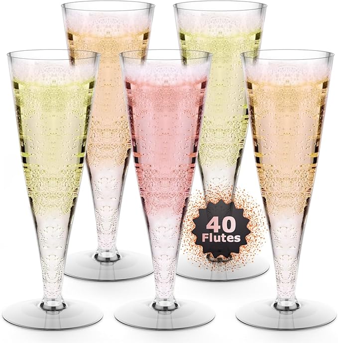 Plastic Champagne Flutes Disposable Wine Glasses - 40 Pack 4.5Oz Clear Mimosa Cocktail Cups Bulk for Wedding Women's Day Party Supplies Engagement Decor, Copas De Plastico Para Brindis