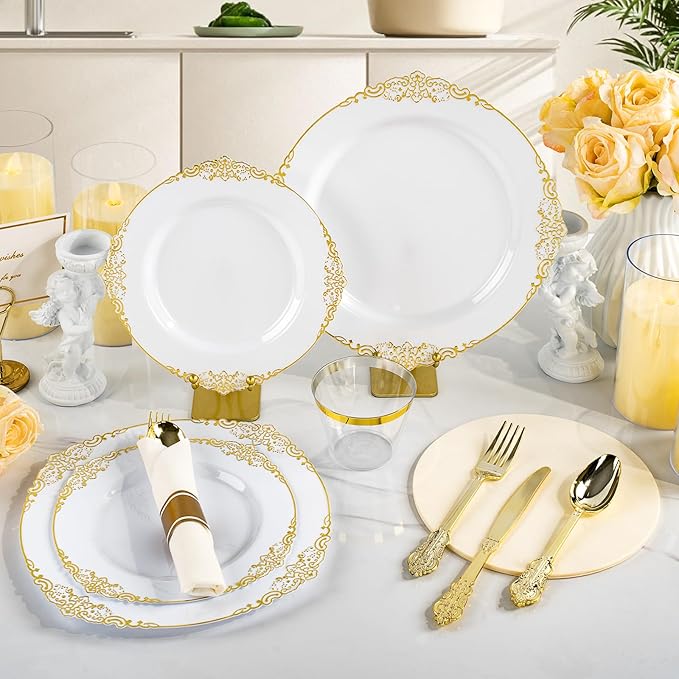 175PCS Gold Plastic Plates for 25 Guests, Disposable Dinnerware Sets Include 50 Gold Rim Plastic Plates, 25 Silverwares, 25 Cups, and 25 Pre Rolled Napkins for Party, Wedding and Graduation